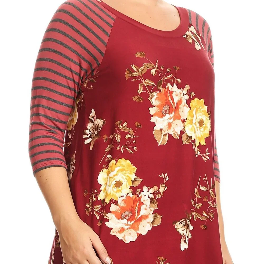 Women Plus Size Striped Sleeve Floral Printed Raglan Jersey Tunic Knit Top Tee